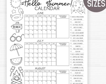 Hello Summer! Editable Bucket List Calendar for Kids – 24x36 & 18x24 Coloring Poster – Templett Editable