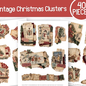 May include: A collection of 40 vintage Christmas clusters featuring layered paper ephemera, including illustrations of nutcrackers, snowmen, ice skaters, and holiday trees. The designs incorporate aged paper textures, red velvet ribbons, and small metal paper clips.