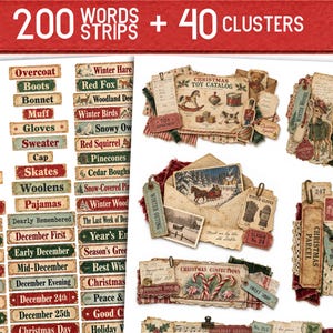 Vintage Christmas Junk Journal Kit | 200 ordremsor och 40 kluster | Utskrivbart Ephemera-paket | US Letter PDF-sidor