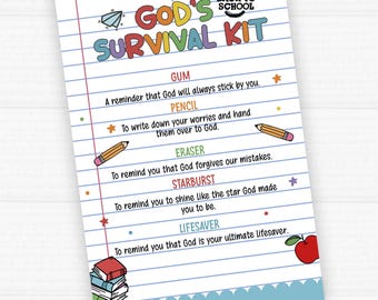 Printable Gods Survival Kit. Back to School Tag. Religious Gift. Instant Download