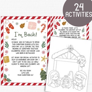 Può includere: Un set di attività a tema natalizio con un bordo a righe rosse e bianche. Il set include un biglietto di auguri con testo e illustrazioni, una pagina da colorare di un presepe e una grafica circolare con "24 ATTIVITÀ".