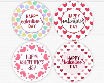 Printable Happy Valentines Day Round Tags. Hearts. Four different designs.