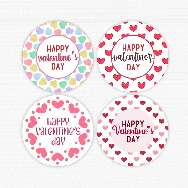 Étiquettes rondes imprimables pour la Saint-Valentin. Cœurs. Quatre modèles différents.