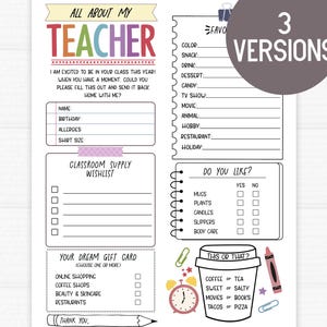 Puede incluir: Una hoja de cuestionario para maestros titulada All About My Teacher con secciones para detalles personales, lista de deseos de suministros, preferencias de tarjetas de regalo y una actividad This or That con taza y reloj despertador.