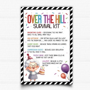 Printable Survival Over the Hill Tag. Birthday gift tag. Instant download. Grandma