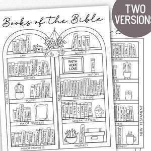 Op de afbeelding: Een zwart-wit kleurplaat met de titel Books of the Bible, met twee boogvormige boekenplanken ingedeeld in secties voor het Oude en Nieuwe Testament. De planken bevatten gelabelde boekruggen, kamerplanten, kaarsen en een ingelijst bordje.