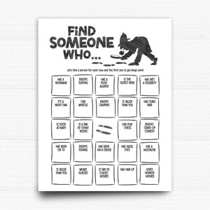 Könnte beinhalten: Ein schwarz-weißes Spielblatt mit dem Titel "Find Someone Who..." mit einer Detektivillustration. Das Blatt enthält verschiedene Aufforderungen wie "Hat einen Spitznamen" und "Mag Sudoku", um ein Spiel im Bingo-Stil zu spielen. Das Punto Box-Logo befindet sich unten.