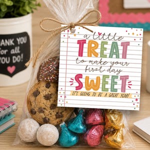 May include: A clear plastic bag filled with assorted cookies and foil-wrapped candies, tied with twine and a square paper tag. The tag features lined paper graphics and the text: A little TREAT to make your first day SWEET. IT'S GOING TO BE A GREAT YEAR!