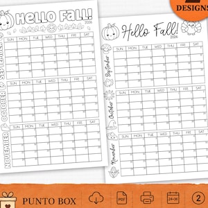 Puede incluir: Dos calendarios imprimibles de otoño 2026 con diseños de arte lineal en blanco y negro. Cada página incluye cuadrículas mensuales para septiembre, octubre y noviembre con ilustraciones estacionales como calabazas y hojas. Texto Hello Fall.