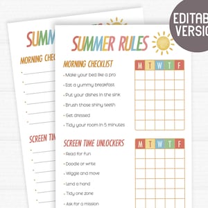 Sommer-Regeltabelle für Kinder – Morgencheckliste & Bildschirmzeitroutine – Druckbares und bearbeitbares PDF – Aufgabentabelle – Sofortiger Download