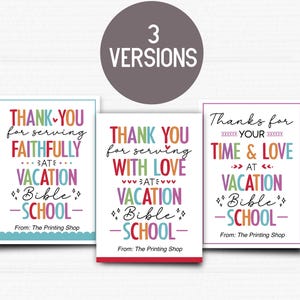 3 Printable VBS Thank You Tags for Teachers and Volunteers. Vacation Bible School Appreciation Gift Tags. Instant download
