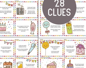 Caça ao tesouro de aniversário interno | Caça ao tesouro para crianças e adolescentes – 28 pistas divertidas + cartões em branco | Download instantâneo
