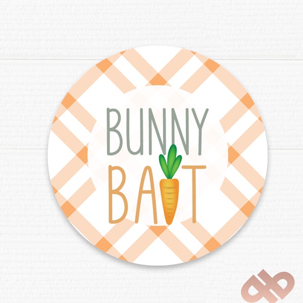 Printable Bunny Bait Round Tag. Happy Easter. Orange Gingham. Sticker