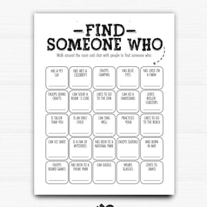 Afdrukbaar Vind iemand die Bingo. Leer je kennen. Twee maten.  Bewerkbare sjabloon. Direct downloaden.