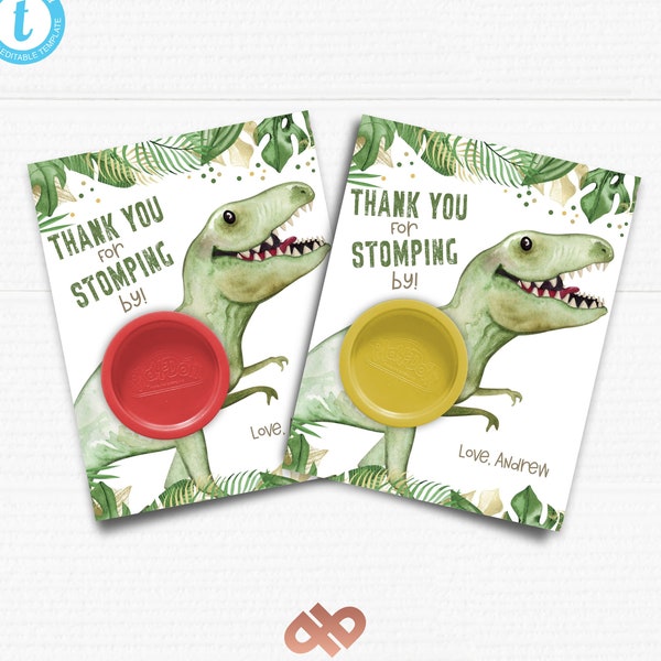 Play Doh Printable Cards. Birthday favor tags. Watercolor Dinosaur. Thanks for Stomping By. Editable Template. Digital Download