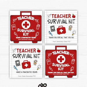 Puede incluir: Cuatro tarjetas cuadradas con un diseño de botiquín rojo con la etiqueta "Teacher Survival Kit". Cada tarjeta incluye texto, un símbolo de cruz e ilustraciones de útiles escolares. Las tarjetas dicen "Have a Fantastic Year!" y "Thank You for All That You Do!"