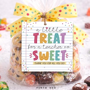 Puede incluir: Una bolsa transparente llena de galletas y caramelos, atada con una cinta amarilla de lunares y una cuerda. Una etiqueta dice: "a little TREAT for a teacher so SWEET. Thank you for all you do!"