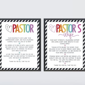 May include: Two printable signs with black and white striped borders. The first sign says "Pastor" in rainbow letters with a heart and cross. The second sign says "Pastor's Wife" in rainbow letters with a heart and cross. Both signs have text expressing gratitude for the pastor and pastor's wife.