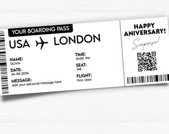 May include: A white boarding pass with black text. The pass reads "USA LONDON" with a plane icon. Details include the name "OLIVIA", date "24-08-2026", time "10:00 PM", seat "14B", and flight "First class". The pass also says "HAPPY ANIVERSARY! Surprise!"