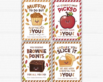 May include: Four illustrated cards with food puns. The cards feature a muffin, apple, brownie, and pie, each with a smiling face. Text includes "Muffin to do but appreciate you" and "Brownie Points". From Cedar Elementary PTO.
