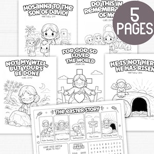以下が含まれることがあります： 宗教をテーマにした、白黒の塗り絵が5枚セットになっています。イエス・キリストのイラストや聖書の場面が描かれており、「The Easter Story」などの聖書の言葉やタイトルがテキストとして含まれています。