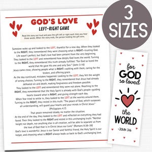 Puede incluir: Una hoja de juego impresa titulada "GOD'S LOVE LEFT-RIGHT GAME" con instrucciones y un versículo bíblico. También se muestra un marcapáginas con el texto "for GOD so loved the WORLD - JOHN 3:16" y un gráfico de un corazón. La imagen está etiquetada como "3 TAMAÑOS".