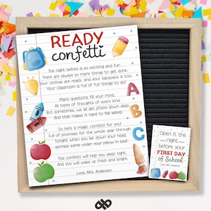 Back to School Ready Confetti Printable Poem. First Day of Kindergarten Preschool Favor Tag. Instant Download