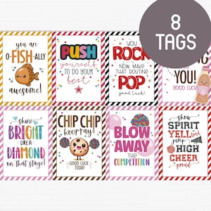 Puede incluir: Ocho etiquetas imprimibles coloridas con mensajes alentadores para animadoras. Las etiquetas presentan frases como "You Rock", "Shine Bright", "Push Yourself", y "Chip Chip Hooray!"
