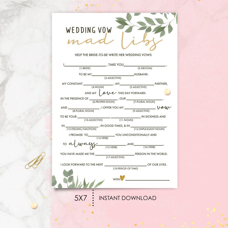 Bridal Shower Games. Wedding Vow Mad Libs. Greenery. Fun Hen Etsy