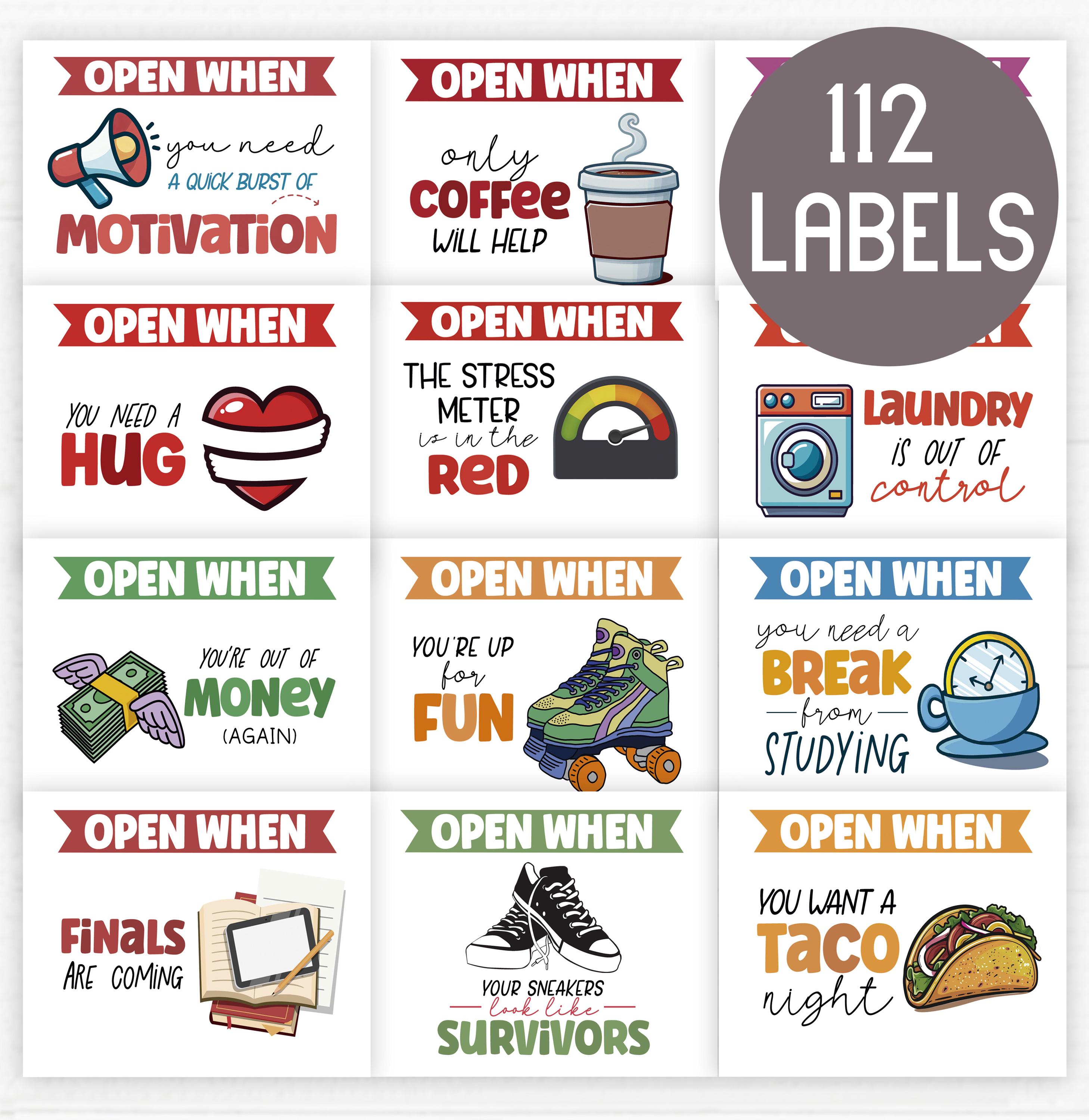 112 Open When Letters for College Students – Editable Labels on Templett, Gift Ideas List, and Editable Letter – College Care Package