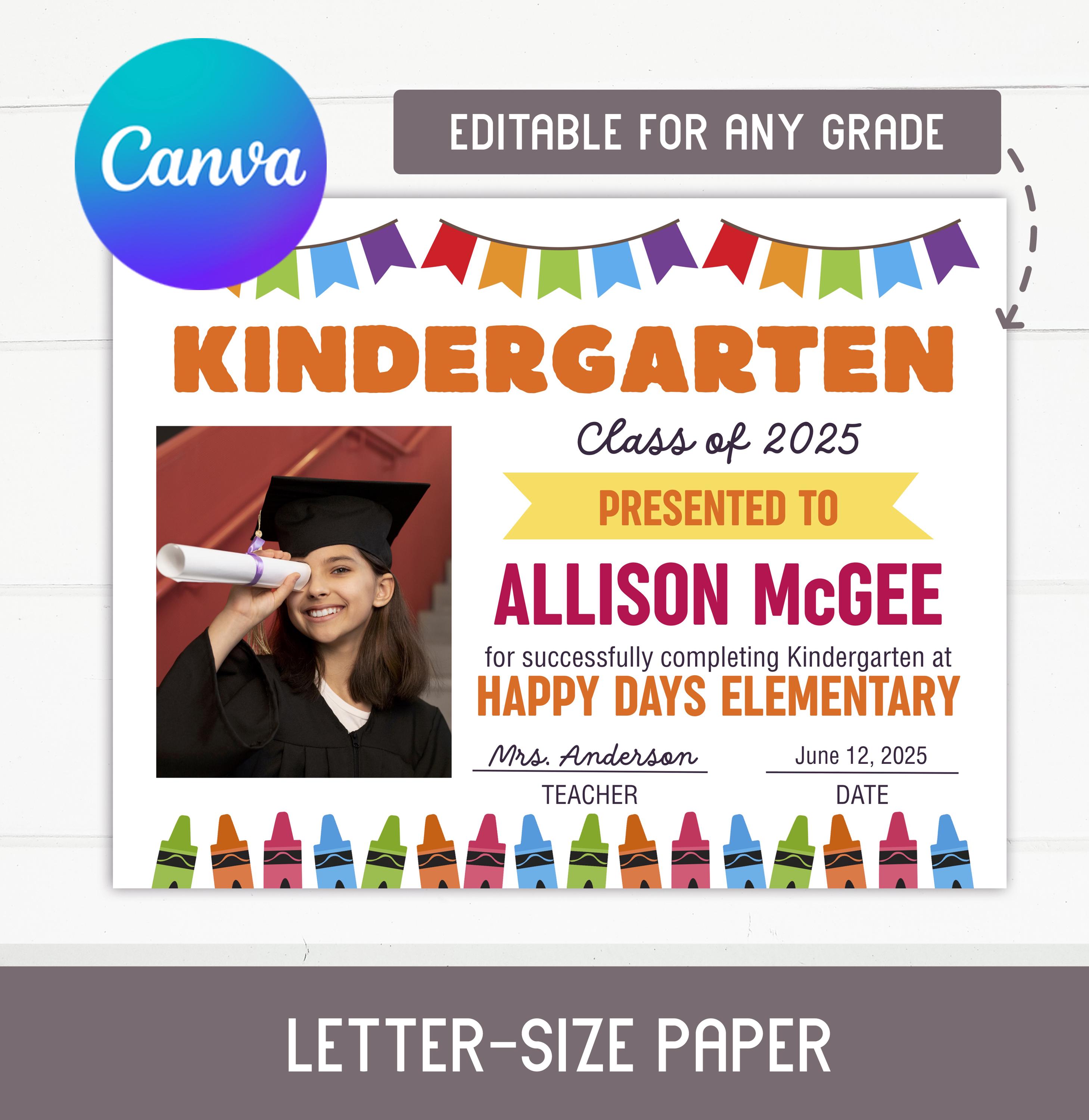 Editable Preschool or Kindergarten Graduation Certificate With Photo ...