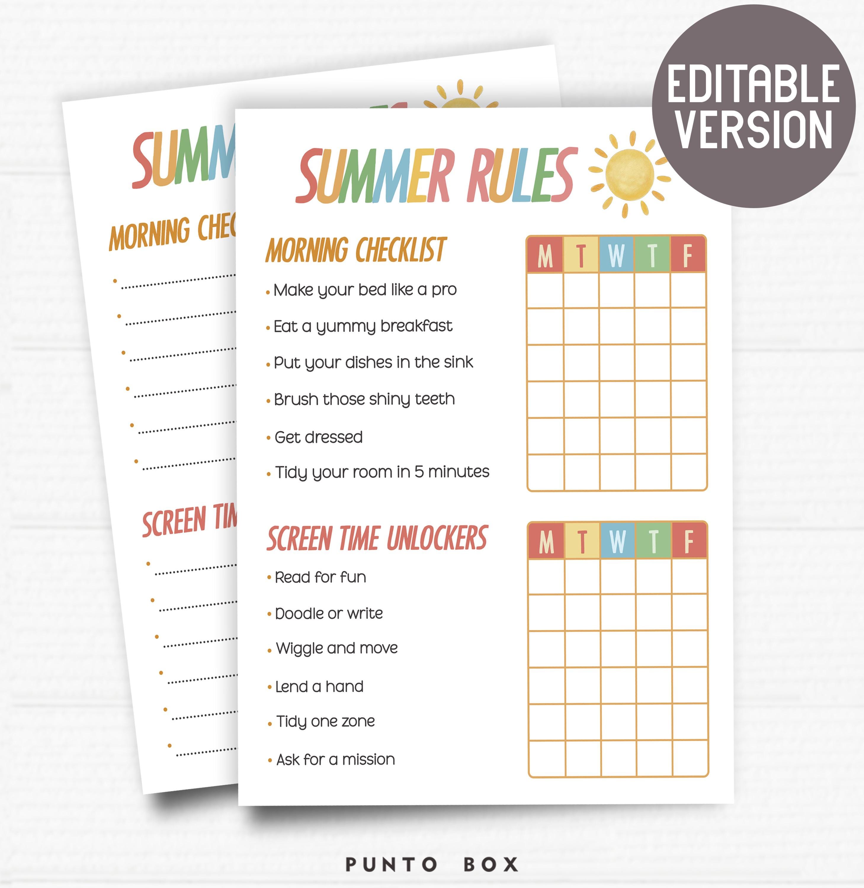Summer Rules Chart for Kids – Morning Checklist & Screen Time Routine – Printable and Editable PDF – Chore Chart – Instant Download