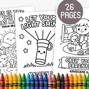Puede incluir: Un conjunto de páginas para colorear con ilustraciones y texto en blanco y negro. Una página dice "Let Your Light Shine" con un gráfico de linterna. Otra dice "Obey Your Parents". Un círculo indica "26 Páginas". Los crayones están en la parte inferior.