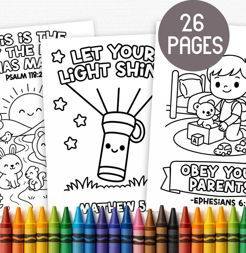 May include: A collection of coloring pages with black and white illustrations and text. One page says "Let Your Light Shine" with a flashlight graphic. Another says "Obey Your Parents". A circle indicates "26 Pages". Crayons are at the bottom.