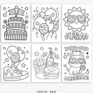 May include: Black and white line art illustrations featuring patriotic themes. Images include a cake with flags, balloons, a smiling sun wearing star-shaped glasses, a sneaker with balloons, a burger and fries, and a cat with glasses holding a flag. Text includes "USA" and "PURR-OUD to be an AMERICAN!"
