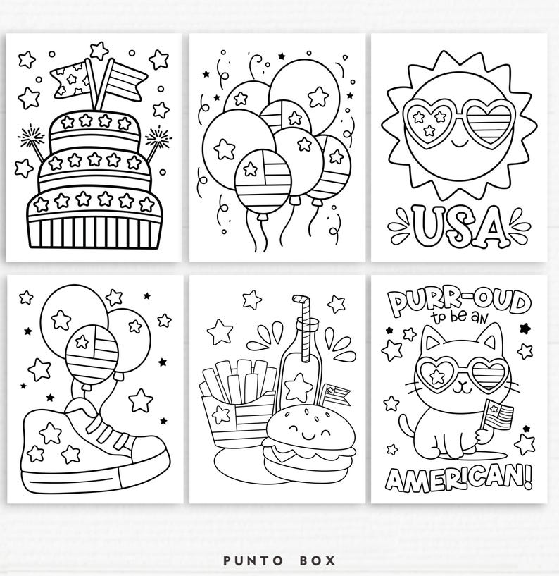 May include: Black and white line art illustrations featuring patriotic themes. Images include a cake with flags, balloons, a smiling sun wearing star-shaped glasses, a sneaker with balloons, a burger and fries, and a cat with glasses holding a flag. Text includes "USA" and "PURR-OUD to be an AMERICAN!"