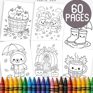 Puede incluir: Un conjunto de páginas para colorear en blanco y negro con ilustraciones temáticas de otoño, que incluyen una cesta de manzanas, niños jugando al fútbol, un oso con un paraguas, una casa de calabaza, botas de agua y una taza de bebida caliente. Las páginas están etiquetadas como "60 PAGES".