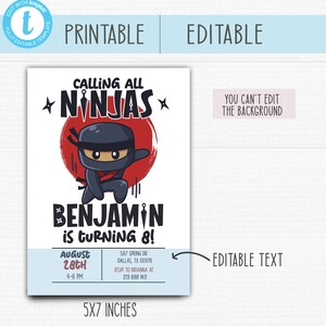 Editable Ninja Party Invitation. Boy Birthday Party. Free Favor Tag and ...