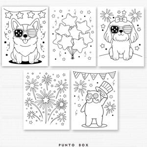 May include: Five black and white illustrations featuring patriotic themes. One shows a corgi wearing star-spangled sunglasses, another depicts star-shaped balloons, and a third features a dog with a bow and sunglasses. The bottom two show fireworks and a bear.