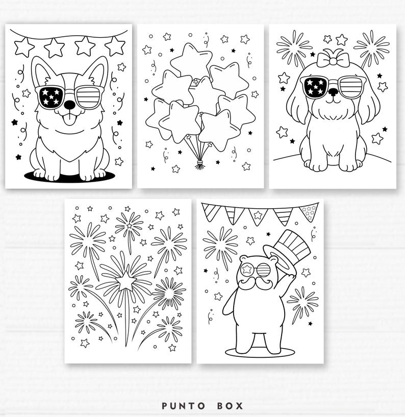 May include: Five black and white illustrations featuring patriotic themes. One shows a corgi wearing star-spangled sunglasses, another depicts star-shaped balloons, and a third features a dog with a bow and sunglasses. The bottom two show fireworks and a bear.