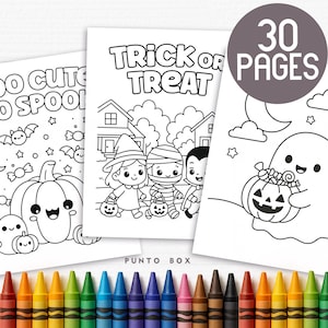 Puede incluir: Tres páginas de un libro para colorear con temática de Halloween con ilustraciones en blanco y negro. Una página dice "Trick or Treat" y presenta niños disfrazados. Un gráfico circular dice "30 PAGES". Una fila de crayones de colores está en la parte inferior.