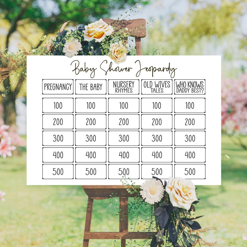 May include: A white printable baby shower game board with the title "Baby Shower Jeopardy". The board is divided into five categories: Pregnancy, The Baby, Nursery Rhymes, Old Wives Tales, and Who Knows Daddy Best? Each category has five point values: 100, 200, 300, 400, and 500.
