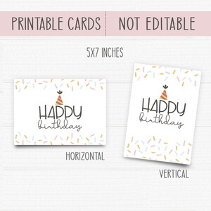May include: Printable birthday cards in horizontal and vertical orientations. The cards feature a white background with a colorful confetti pattern and the text "Happy birthday" with a party hat graphic.