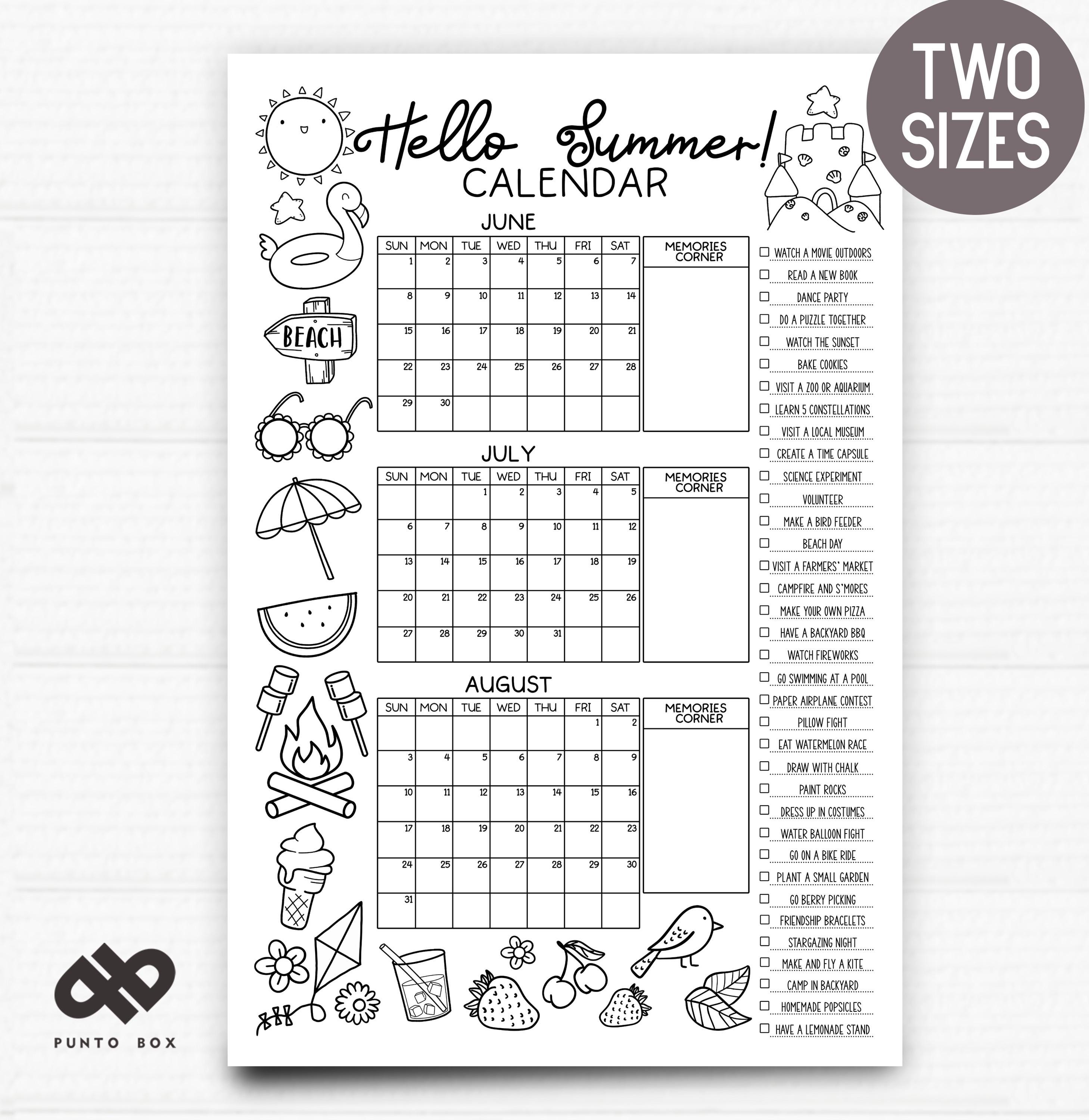 Hello Summer! Editable Bucket List Calendar for Kids – 24x36 & 18x24 Coloring Poster – Templett Editable