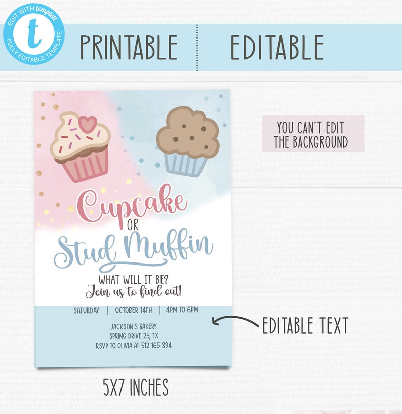 Printable Gender Reveal Invitation. Cupcake or Stud Muffin. Etsy