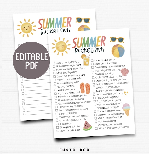 Summer Bucket List Printable for Kids – Editable & Pre-Filled Versions – Fun Family Activities Checklist – Instant Download PDF