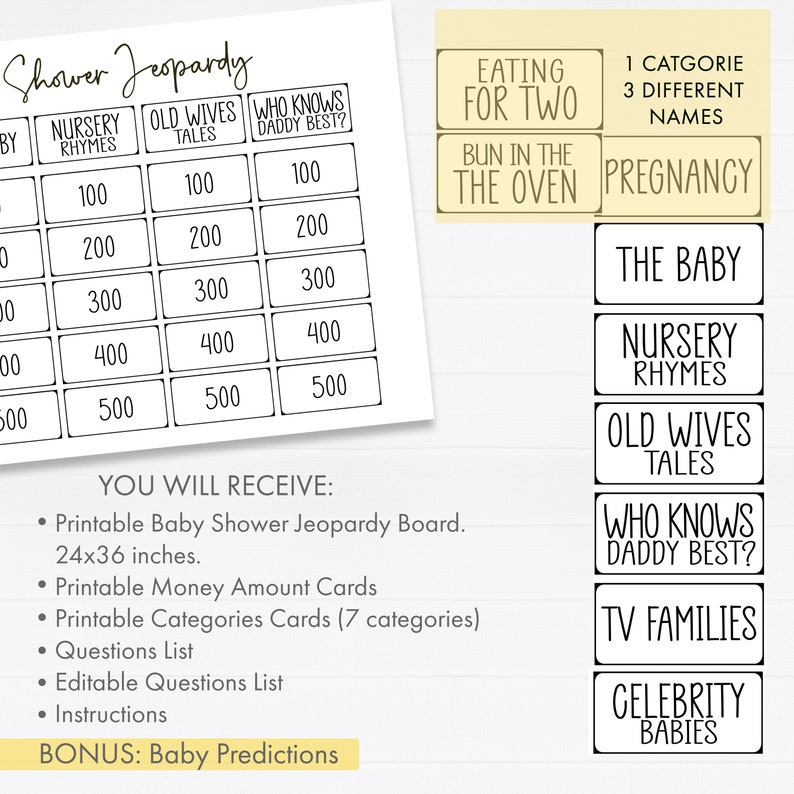 Printable Baby Shower Jeopardy. Free Baby Predictions and Etsy