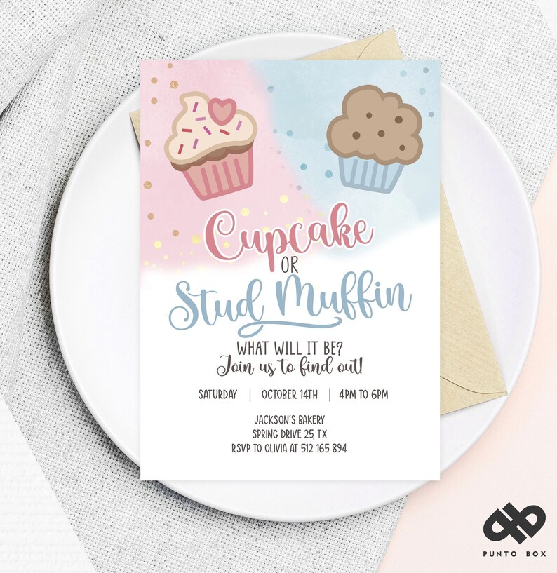 Printable Gender Reveal Invitation. Cupcake or Stud Muffin. Etsy