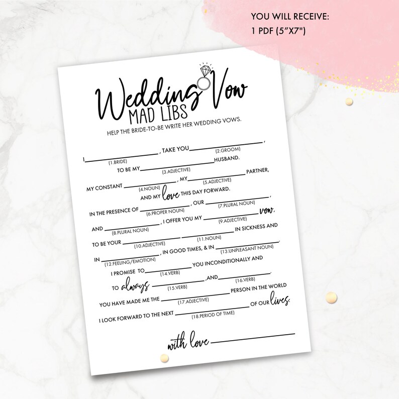 Bridal Shower Games. Wedding Vow Mad Libs. Bride and Groom Etsy