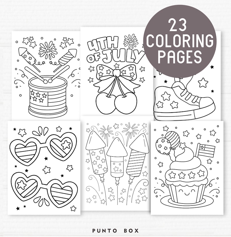 May include: A collection of 23 coloring pages with patriotic themes. The pages feature illustrations of fireworks, a drum, sunglasses, a cupcake, and a sneaker, all with a 4th of July theme. The text "4th of July" is also visible.